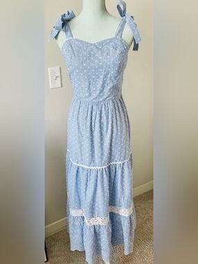 Shabby Chic Light Blue Tiered Eyelet Maxi Dress with White Lace
